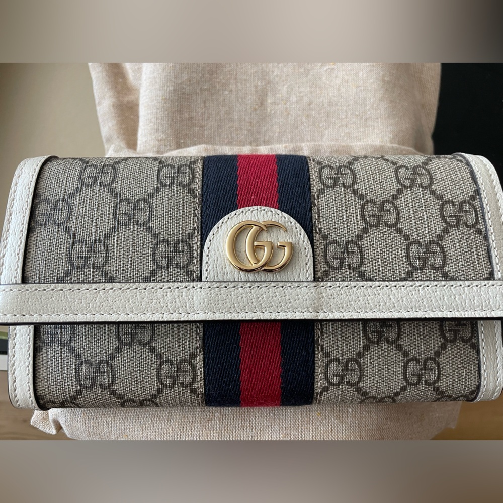 Brand new GG Supreme Monogram Web Ophidia Continental Wallet Beige White
